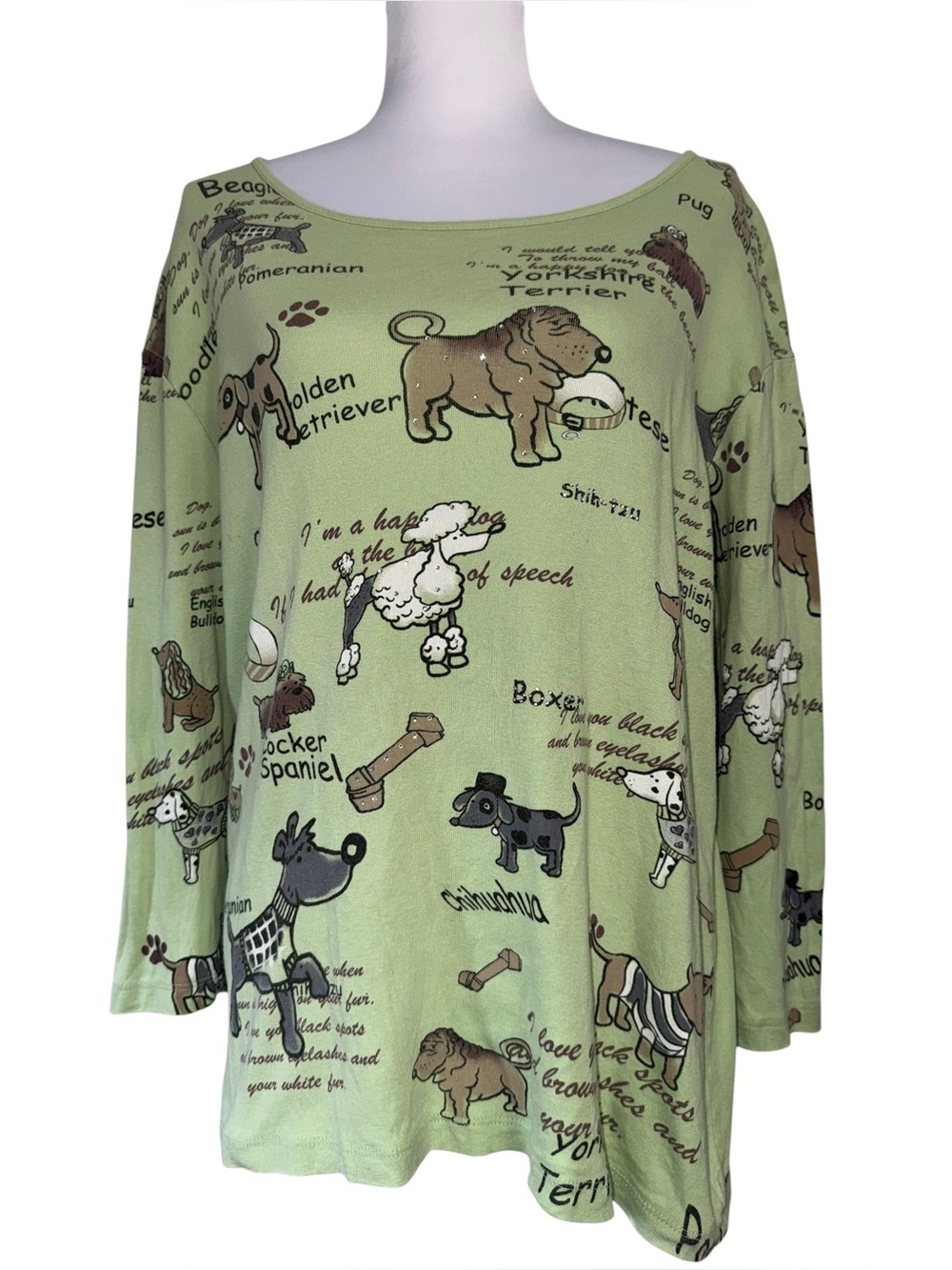 VTG Lighthouse Apparel Dog Print Top Womens Green Long Sleeve Tunic Puppy‎ Shirt